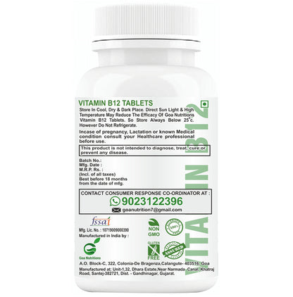Goa Nutritions Vitamin B12 Plant Based Tablet Sugar Free