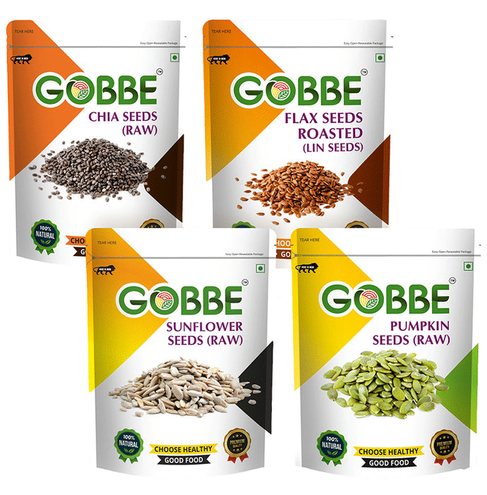 Gobbe Combo Pack of Chia Seeds, Flax Seeds Roasted,Sunflower Seeds, Pumpkin Seeds Raw (200gm Each) - Classic Derma