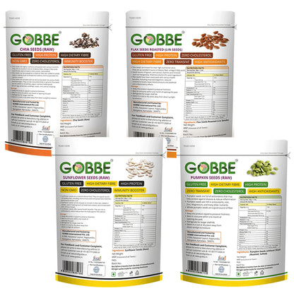 Gobbe Combo Pack of Chia Seeds, Flax Seeds Roasted,Sunflower Seeds, Pumpkin Seeds Raw (200gm Each)