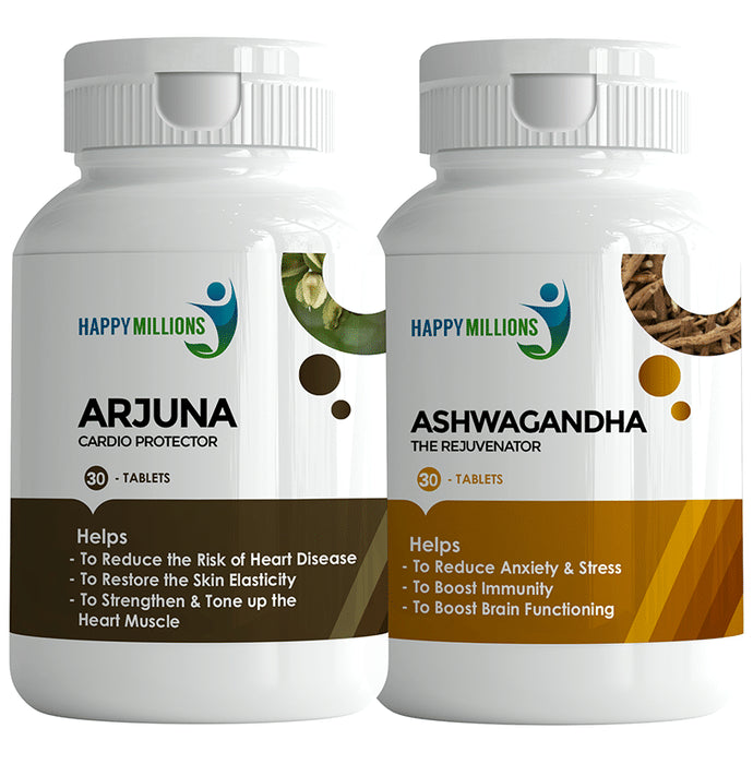Happy Millions Combo Pack of Arjuna Tablets (30) & Ashwagandha Tablets (30) - Classic Derma