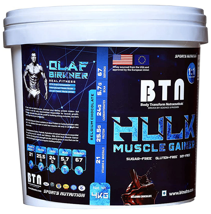 BTN Body Transform Nutraceuticals Hulk Muscle Gainer Powder Belgium Chocolate