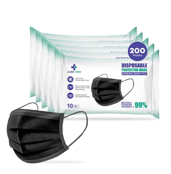 Care View 3 Ply Surgical Disposable Protective Mask (10 Each) Black - Classic Derma