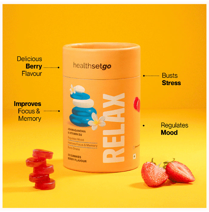HealthSetGo Stress Relief Ashwagandha Gummies | Vitamin D | Boosts Mood & Focus | Adults & Kids Berry
