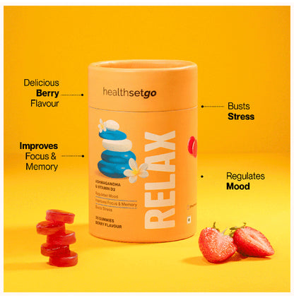 HealthSetGo Stress Relief Ashwagandha Gummies | Vitamin D | Boosts Mood & Focus | Adults & Kids Berry
