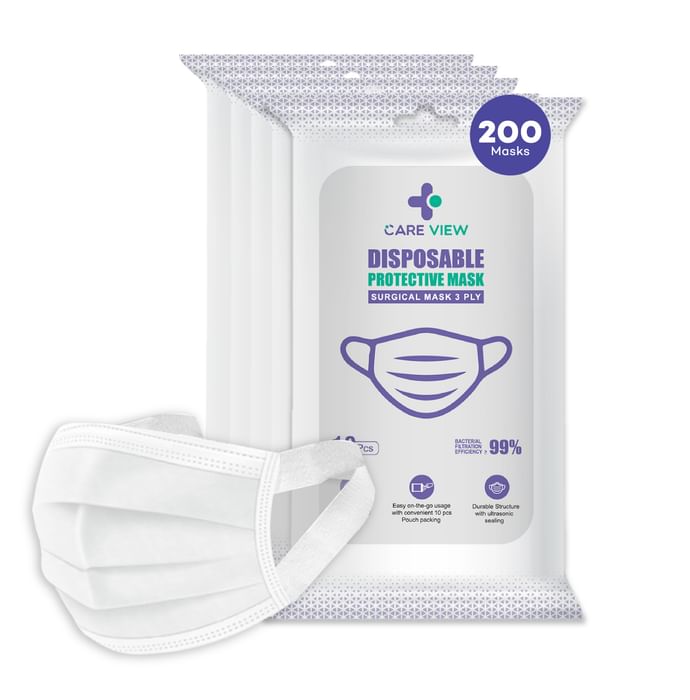 Care View 3 Ply Surgical Disposable Protective Mask with Soft Fabric Earloop (10 Each) White - Classic Derma