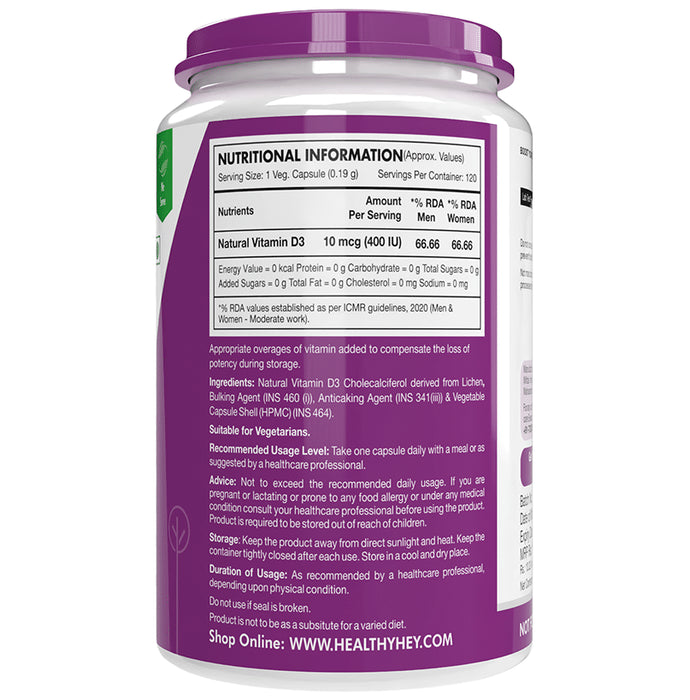 HealthyHey Natural Vitamin Vegan D3 400IU Vegetable Capsule