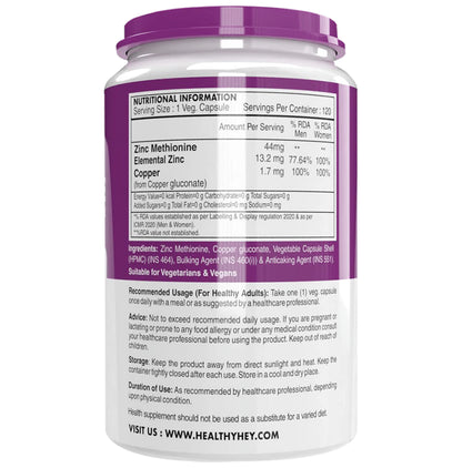 HealthyHey Zinc Methionine + Copper 45.7mg Vegetable Capsule