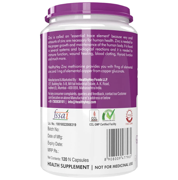 HealthyHey Zinc Methionine + Copper 45.7mg Vegetable Capsule