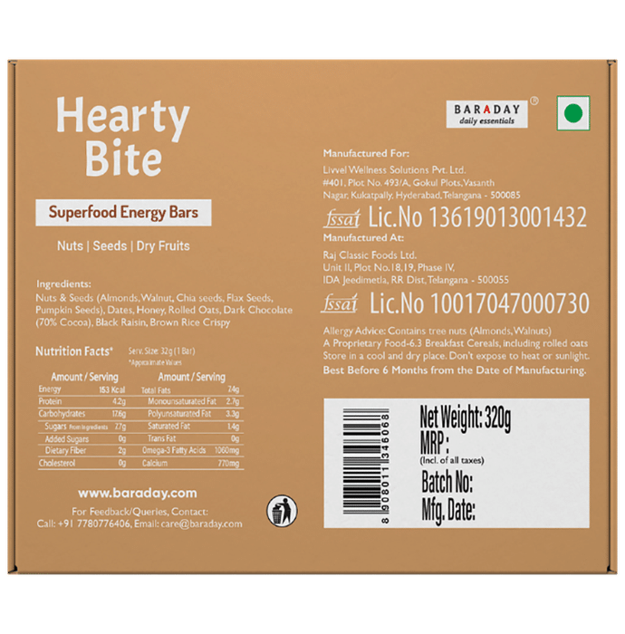 Hearty Bite Superfood Bar | No Added Sugar | Flavour Dark Chocolate