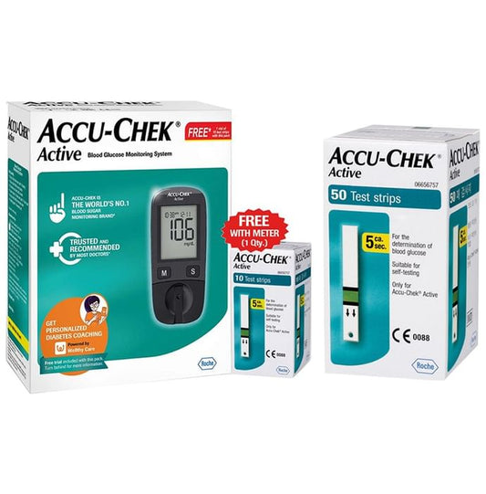 Accu-Chek Active Combo of Glucometer with 10 Test Strip Free and 50 Test Strips - Classic Derma