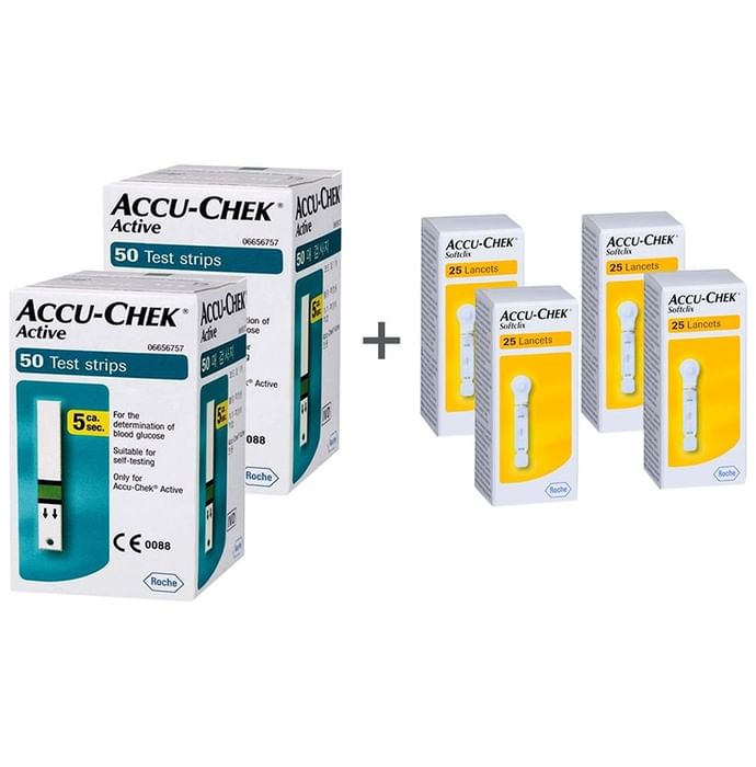 Accu-Chek Combo Pack of 2 Pack Active Test Strip (50 Each) & 4 Pack Softclix Lancet (25 Each) - Classic Derma