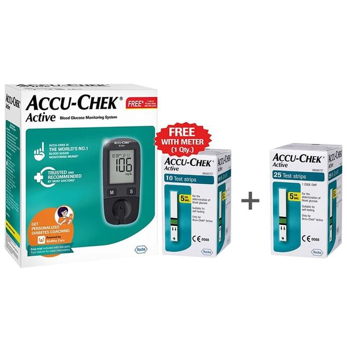 Accu-Chek Combo Pack of Active Blood Glucose Monitoring System with 10 Strip Free & Accu-Chek Active 25 Strip - Classic Derma