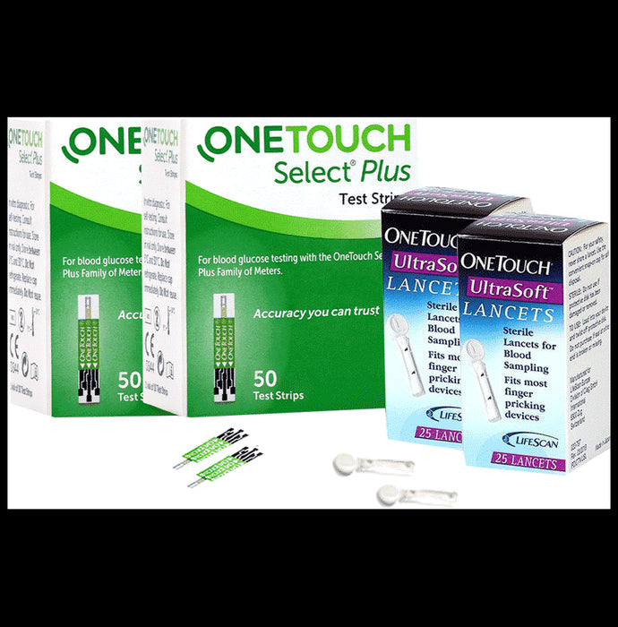 Combo Pack of 2 Boxes of OneTouch Select Plus Test Strip (50 Each) & 2 Boxes of OneTouch Ultrasoft Lancets (25 Each) - Classic Derma