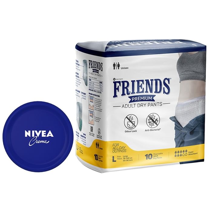 Combo Pack of Friends Premium 10 Adult Dry Pants, Large & Nivea Creme 100ml - Classic Derma