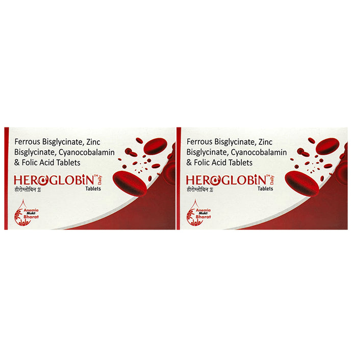 Heroglobin Daily Ferrous Bisglycinate Zinc Bisglycinate Cyanocobalamin Folic Acid Supplement Tablets (60 Each) - Classic Derma