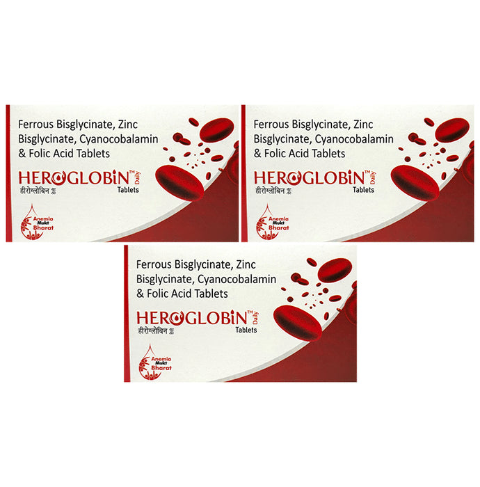 Heroglobin Daily Ferrous Bisglycinate Zinc Bisglycinate Cyanocobalamin Folic Acid Supplement Tablets (60 Each) - Classic Derma