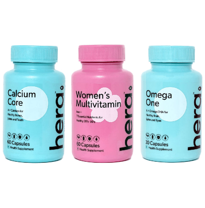 Hera Women Wellness Bundle Combo Pack of Women Multivitamin 60 Capsule + Calcium Core 60 Capsule + Omega One 30 Capsule - Classic Derma