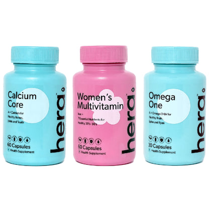 Hera Women Wellness Bundle Combo Pack of Women Multivitamin 60 Capsule + Calcium Core 60 Capsule + Omega One 30 Capsule - Classic Derma