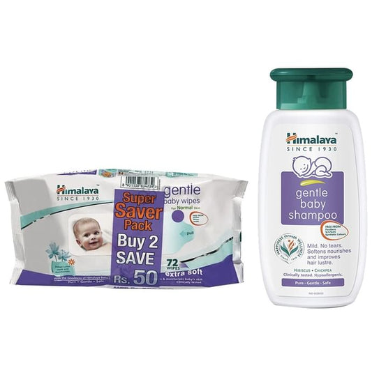 Baby Care Combo of Himalaya Gentle Baby Shampoo 400ml and 2 Packs of Himalaya Gentle Baby Wipes 72 Each - Classic Derma