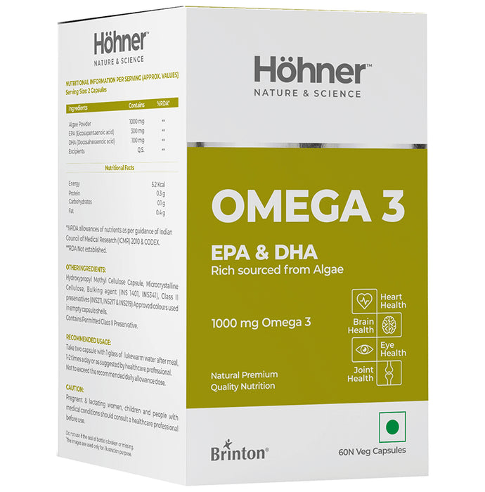 Hohner Omega 3 with EPA & DHA from Algae 1000 mg | Veg Capsule for Brain, Heart, Eye & Joint Health - Classic Derma