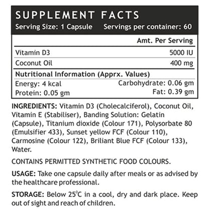 Inlife Vitamin D3 (Cholecalciferol) 5000IU | Liquid Filled Capsule