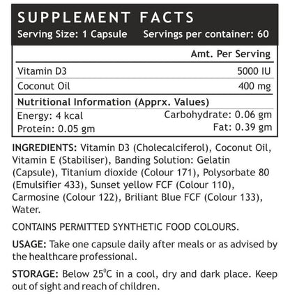 Inlife Vitamin D3 (Cholecalciferol) 5000IU | Liquid Filled Capsule