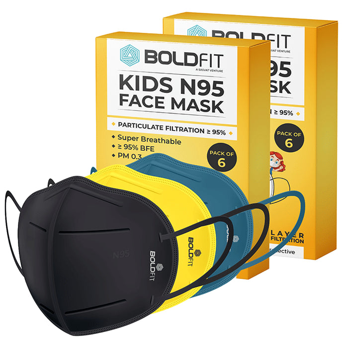 Boldfit Kids N95 Face Mask (6 Each) Black, Blue & Yellow - Classic Derma