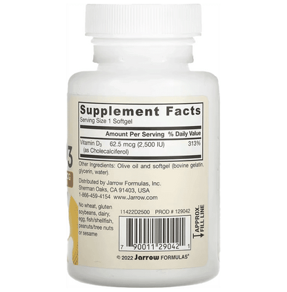 Jarrow Formulas Vitamin D3 2500IU Softgel | Supports Calcium Metabolism, Bone Health & Immunity