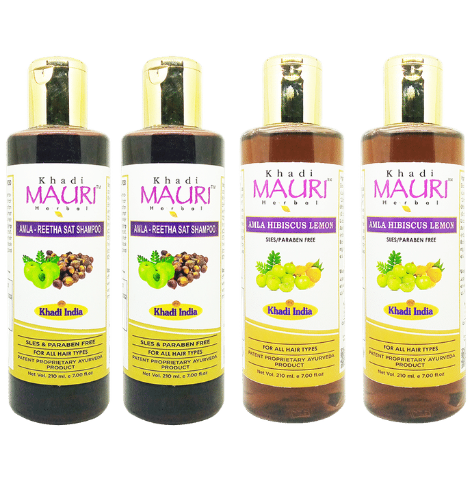 Khadi Mauri Herbal Combo Pack of Amla - Reetha Sat Shampoo (2) & Amla Hibiscus Lemon Shampoo (2) (210ml Each) - Classic Derma