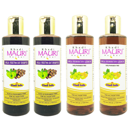 Khadi Mauri Herbal Combo Pack of Amla - Reetha Sat Shampoo (2) & Amla Hibiscus Lemon Shampoo (2) (210ml Each) - Classic Derma