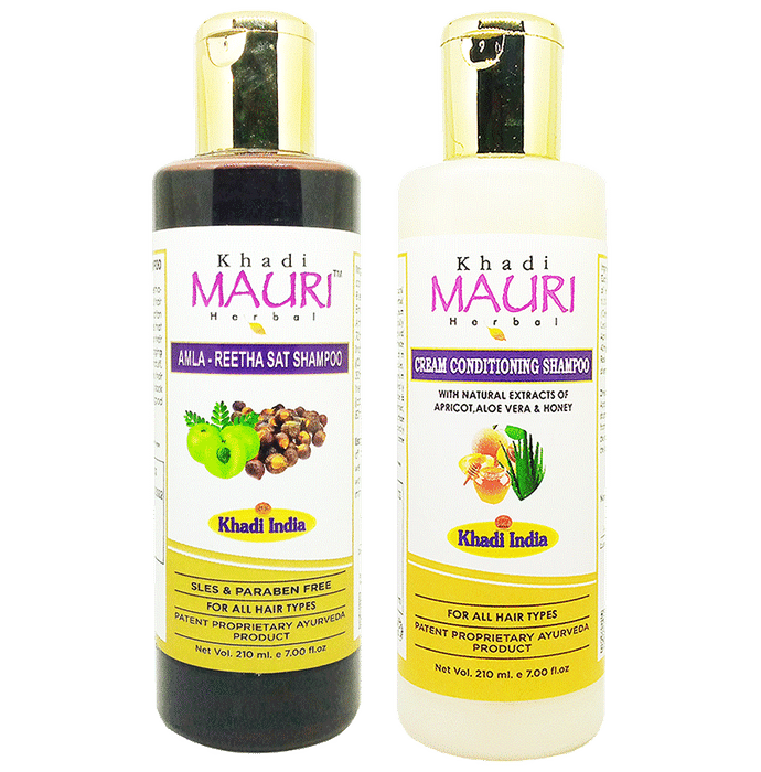 Khadi Mauri Herbal Combo Pack of Amla Reetha Sat & Cream Conditioning Shampoo (210ml Each) - Classic Derma