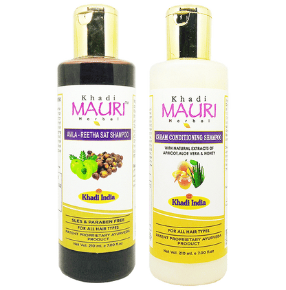 Khadi Mauri Herbal Combo Pack of Amla Reetha Sat & Cream Conditioning Shampoo (210ml Each) - Classic Derma