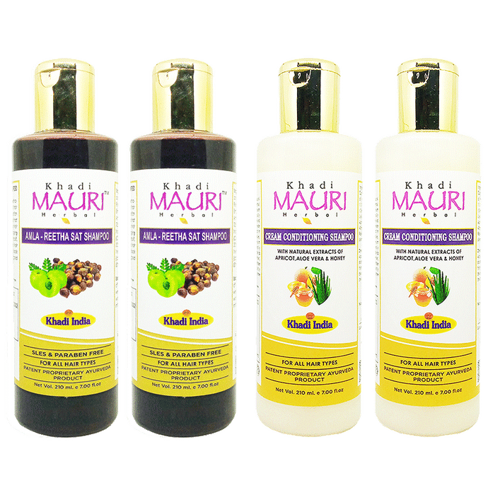 Khadi Mauri Herbal Combo Pack of Amla Reetha Sat & Cream Conditioning Shampoo (210ml Each) - Classic Derma