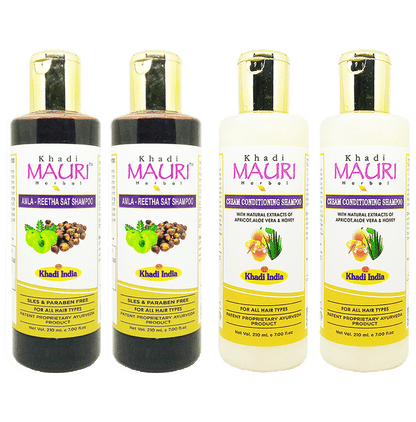 Khadi Mauri Herbal Combo Pack of Amla Reetha Sat & Cream Conditioning Shampoo (210ml Each) - Classic Derma