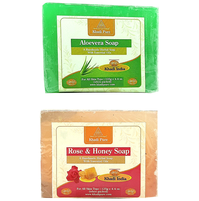 Khadi Pure Combo Pack of Aloevera Soap & Rose & Honey Soap (125gm Each) - Classic Derma