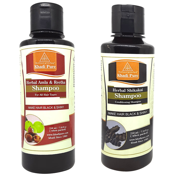 Khadi Pure Combo Pack of Amla & Reetha Shampoo & Herbal Shikakai Shampoo (210ml Each) - Classic Derma