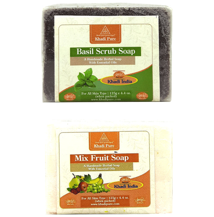 Khadi Pure Combo Pack of Basil Scrub Soap & Mix Fruit Soap (125gm Each) - Classic Derma