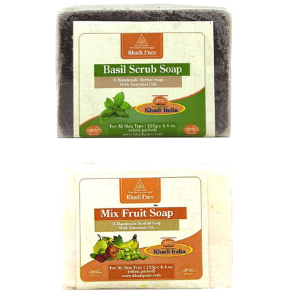 Khadi Pure Combo Pack of Basil Scrub Soap & Mix Fruit Soap (125gm Each) - Classic Derma