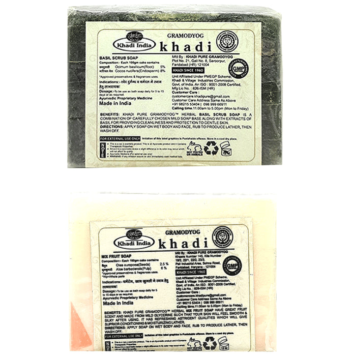 Khadi Pure Combo Pack of Basil Scrub Soap & Mix Fruit Soap (125gm Each)
