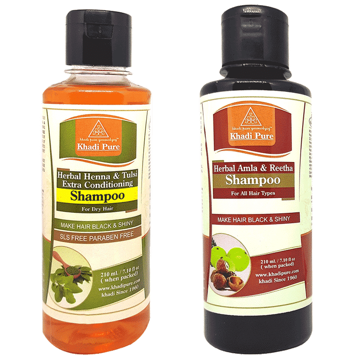 Khadi Pure Combo Pack of Herbal Amla & Reetha Shampoo & Herbal Heena & Tulsi Extra Conditioning Shampoo SLS & Pararben Free (210ml Each) - Classic Derma