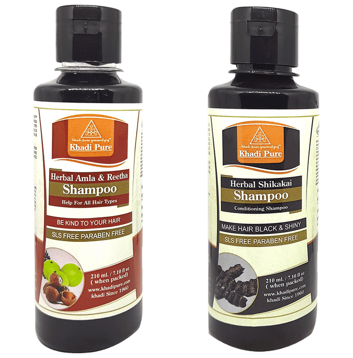 Khadi Pure Combo Pack of Herbal Amla & Reetha Shampoo & Herbal Shikakai Shampoo SLS & Paraben Free (210ml Each) - Classic Derma