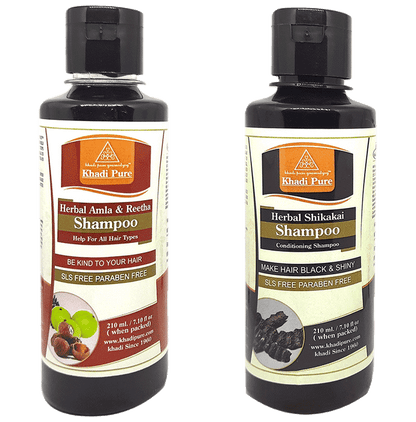 Khadi Pure Combo Pack of Herbal Amla & Reetha Shampoo & Herbal Shikakai Shampoo SLS & Paraben Free (210ml Each) - Classic Derma
