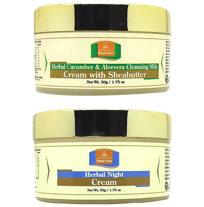 Khadi Pure Combo Pack of Herbal Cucumber & Aloevera Cleansing Milk Cream with Sheabutter & Herbal Night Cream (50gm Each) - Classic Derma