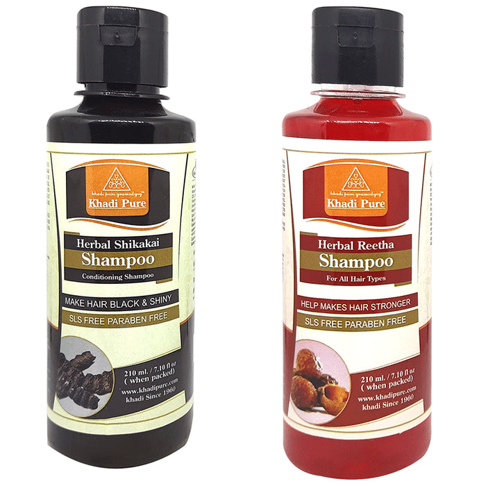 Khadi Pure Combo Pack of Herbal Shikakai Shampoo & Herbal Reetha Shampoo SLS Free & Paraben Free (210ml Each) - Classic Derma