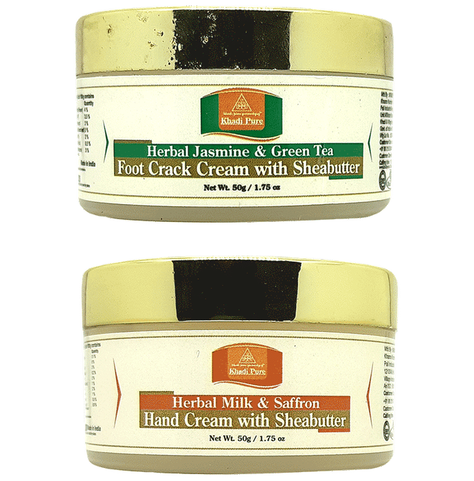 Khadi Pure Combo Pack of Herbal Jasmine & Green Tea Foot Crack Cream with Sheabutter & Herbal Milk & Saffron Hand Cream with Sheabutter (50gm Each) - Classic Derma