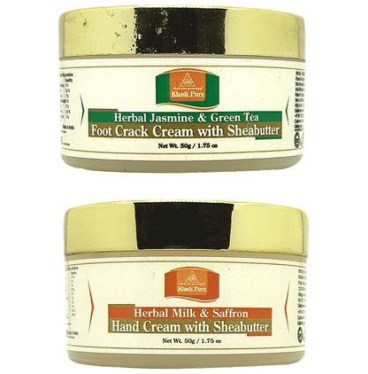 Khadi Pure Combo Pack of Herbal Jasmine & Green Tea Foot Crack Cream with Sheabutter & Herbal Milk & Saffron Hand Cream with Sheabutter (50gm Each) - Classic Derma