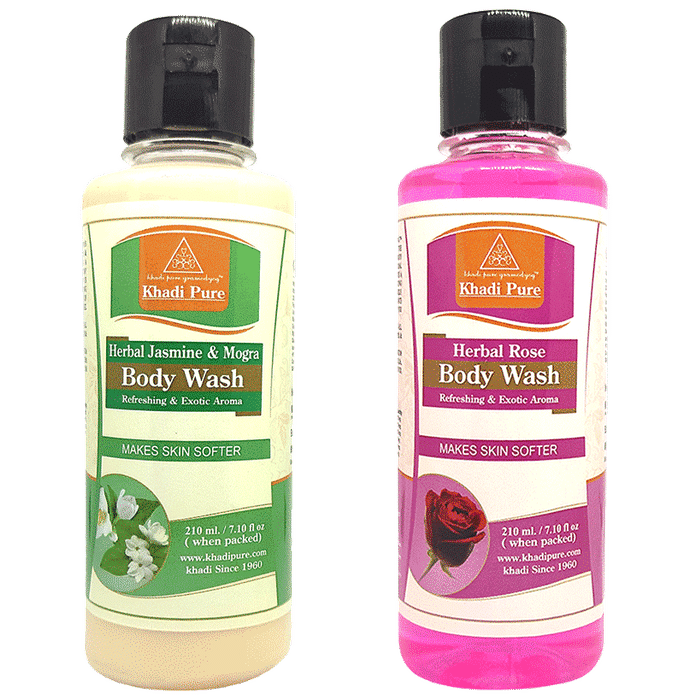 Khadi Pure Combo Pack of Herbal Jasmine & Mogra Body Wash & Herbal Rose Body Wash (210ml Each) - Classic Derma