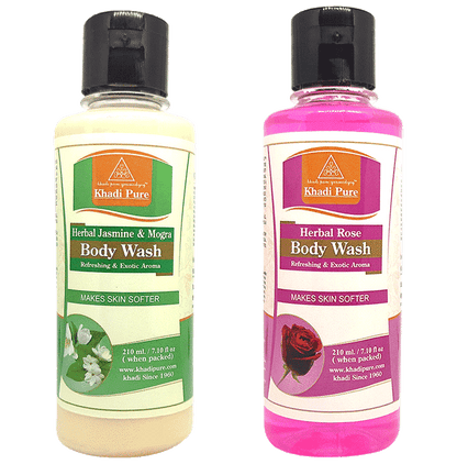 Khadi Pure Combo Pack of Herbal Jasmine & Mogra Body Wash & Herbal Rose Body Wash (210ml Each) - Classic Derma