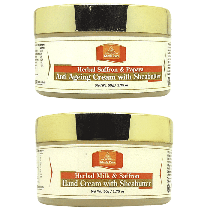 Khadi Pure Combo Pack of Herbal Milk & Saffron Hand Cream with Sheabutter & Herbal Saffron & Papaya Anti Ageing Cream with Sheabutter (50gm Each) - Classic Derma