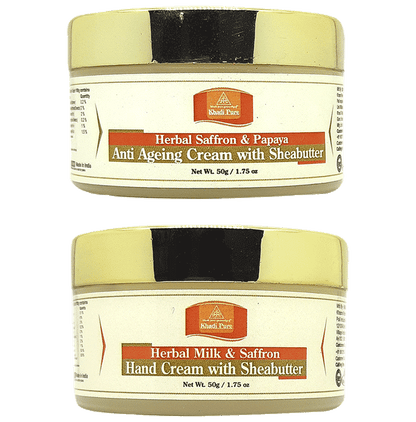 Khadi Pure Combo Pack of Herbal Milk & Saffron Hand Cream with Sheabutter & Herbal Saffron & Papaya Anti Ageing Cream with Sheabutter (50gm Each) - Classic Derma